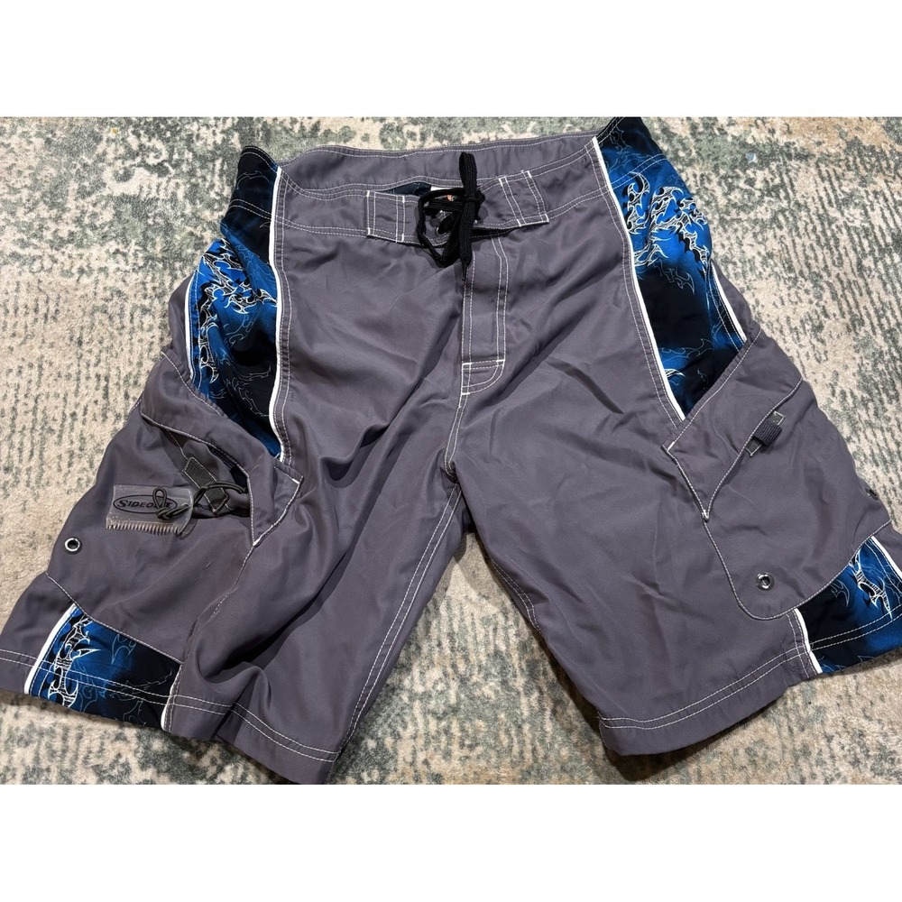 Vtg Sideout Cargo Board Shorts Men Grey Blue Flame Tribal Y2K Swim Trunks 34